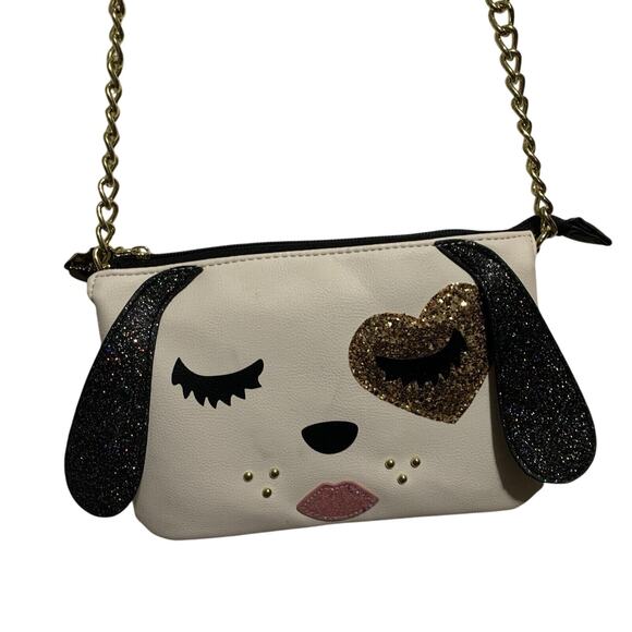 Artsy Cute! BETSEY JOHNSON ~ LUV BETSEY DOG FACE CROSSBODY HANDBAG WITH GLITTER - Picture 1 of 9